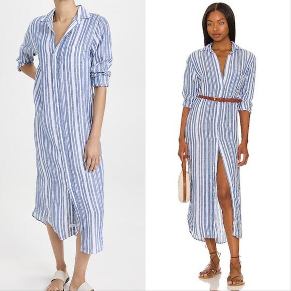 Frank & Eileen Rory Woven Linen Long Maxi Shirt Dress Multi Blue Stripe - Picture 1 of 5